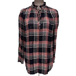 LOFT Plaid Flannel Shirt XS Black Pink Metallic Long Sleeve Smocked Neck Cuffs